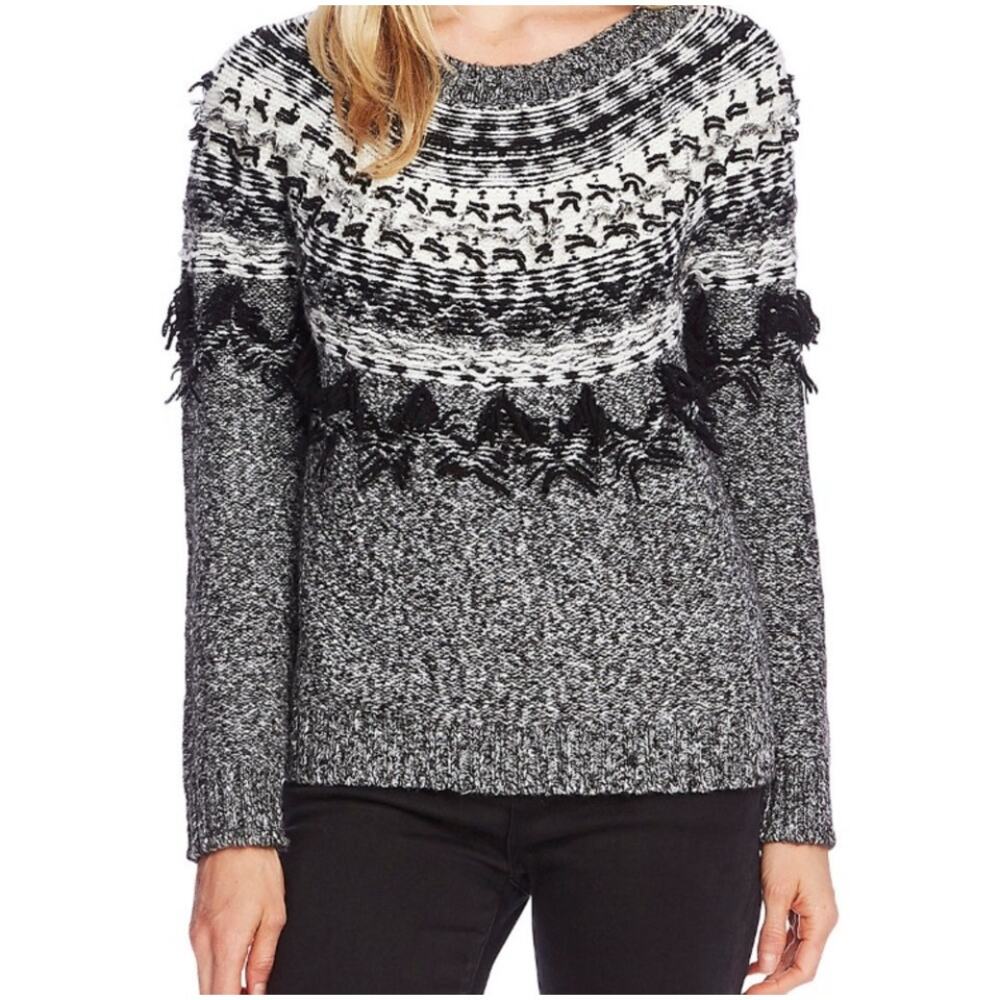 Vince Camuto Sweater Fairisle Fringe Crewneck Pullover Gray Black Womens Small